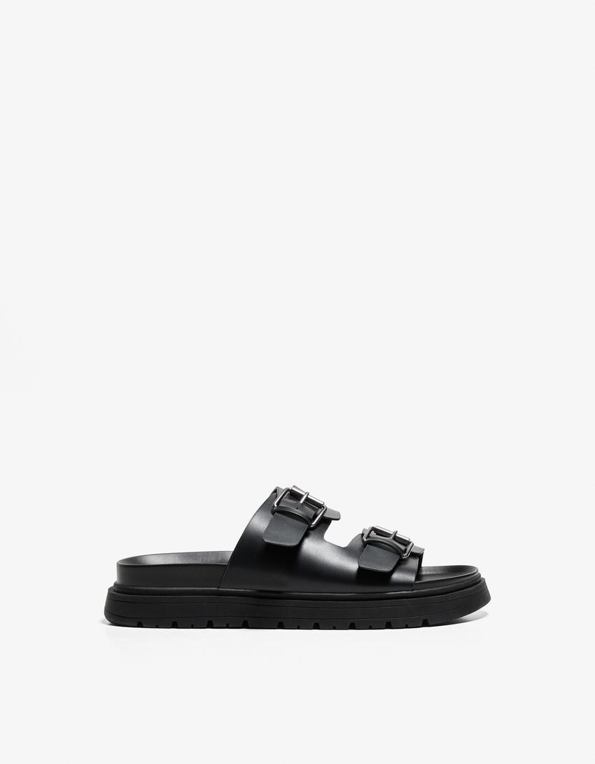 Instapslippers met gespen-Zwart-0
