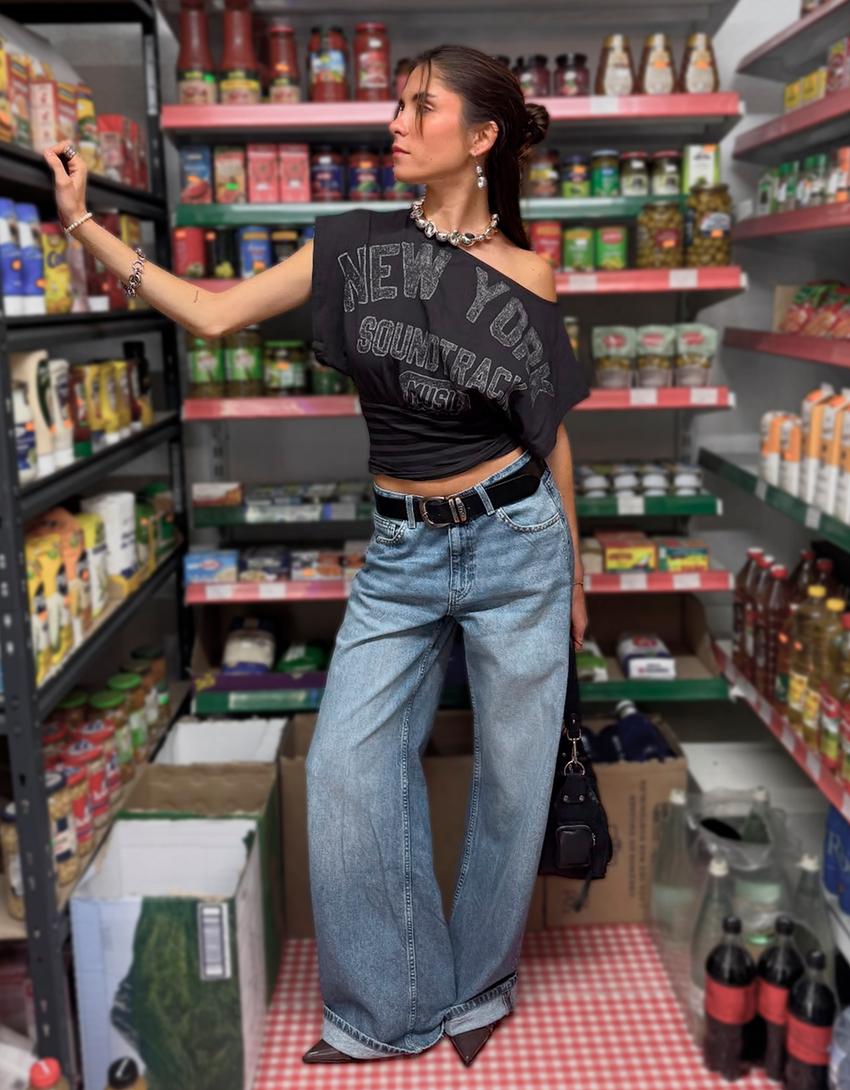 Short sleeve asymmetric print T-shirt-Dark grey