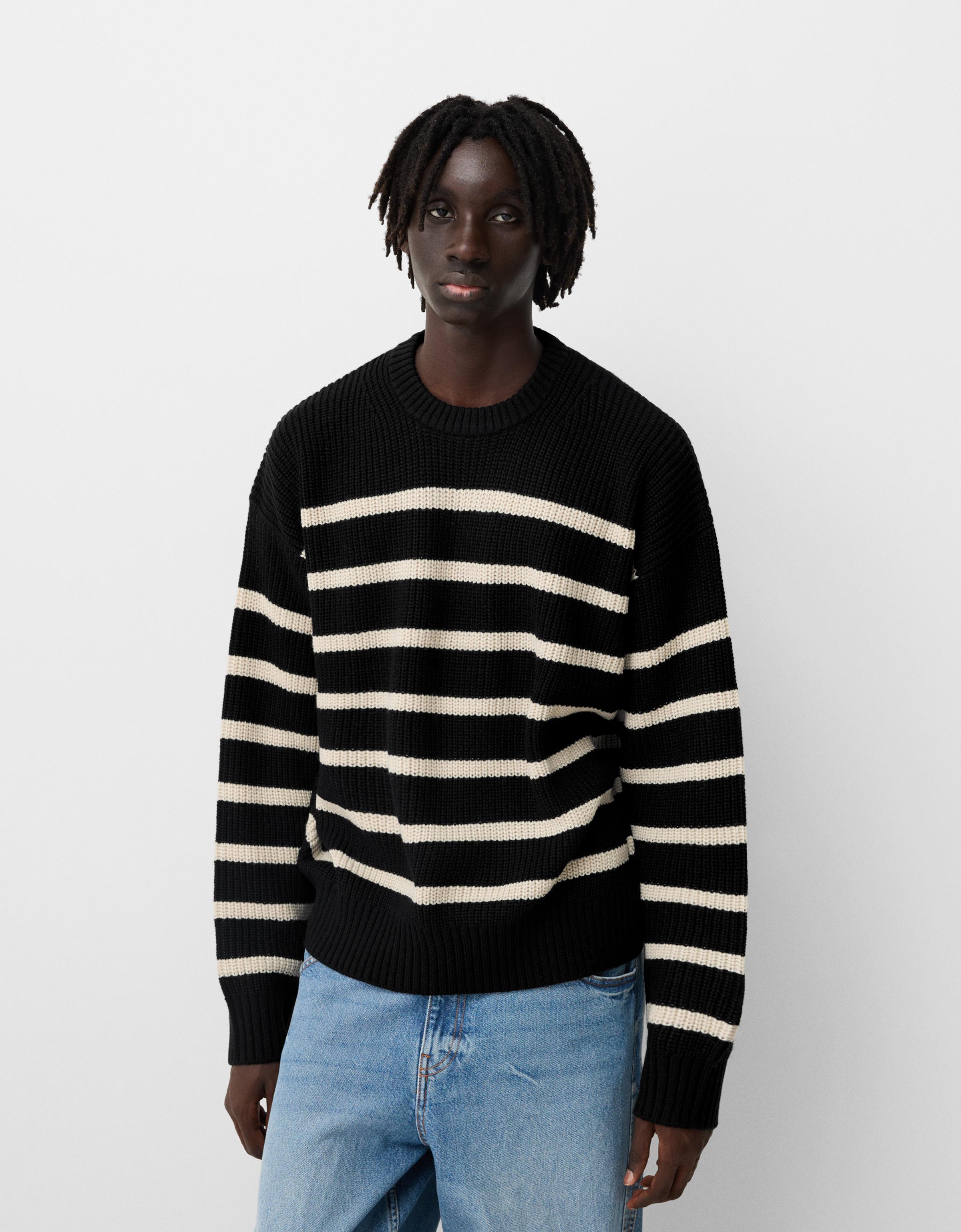 Bershka Strickpullover Mit Fangmuster Und Streifen Herren L Schwarz