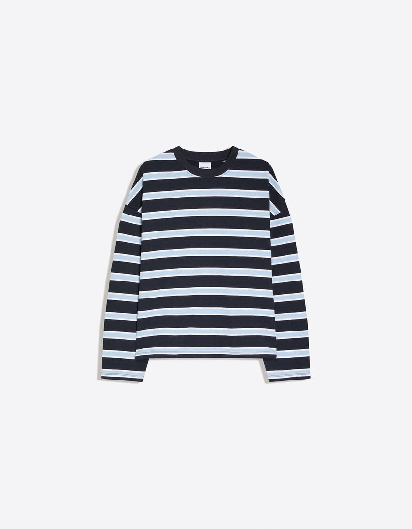 Striped crew neck sweater-Navy