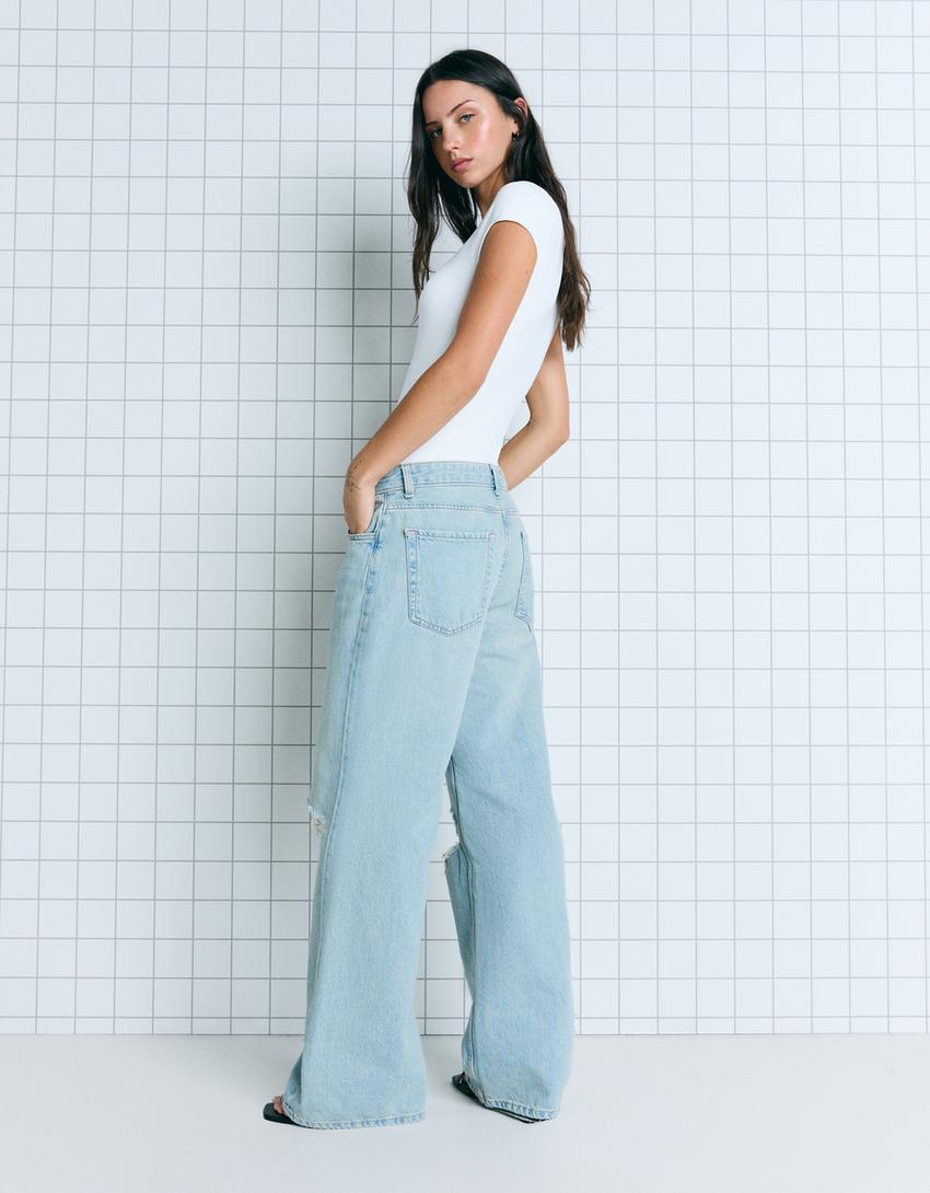 Jeans met wide leg en scheuren-Blauw-1