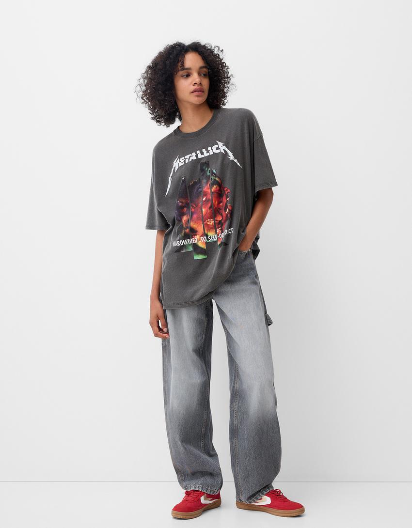 Kısa kollu Metallica baskılı t-shirt-Gri-3