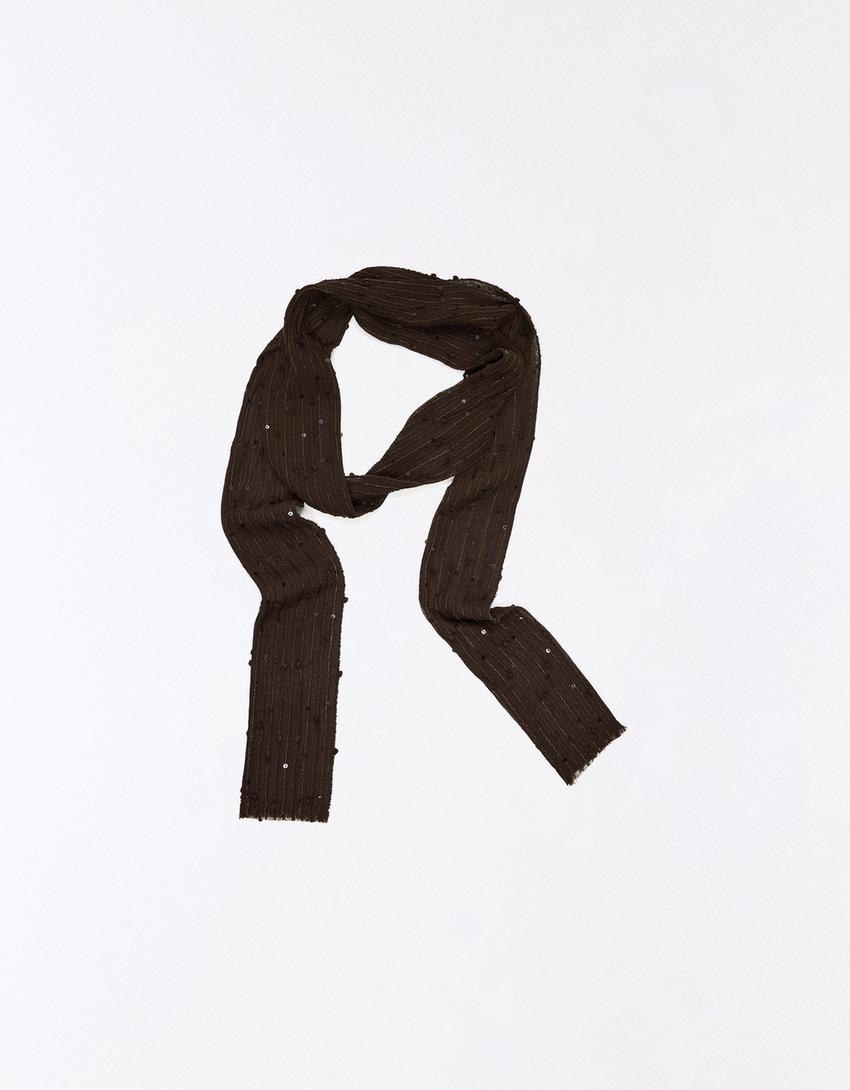 Sequinned tie scarf-Brown