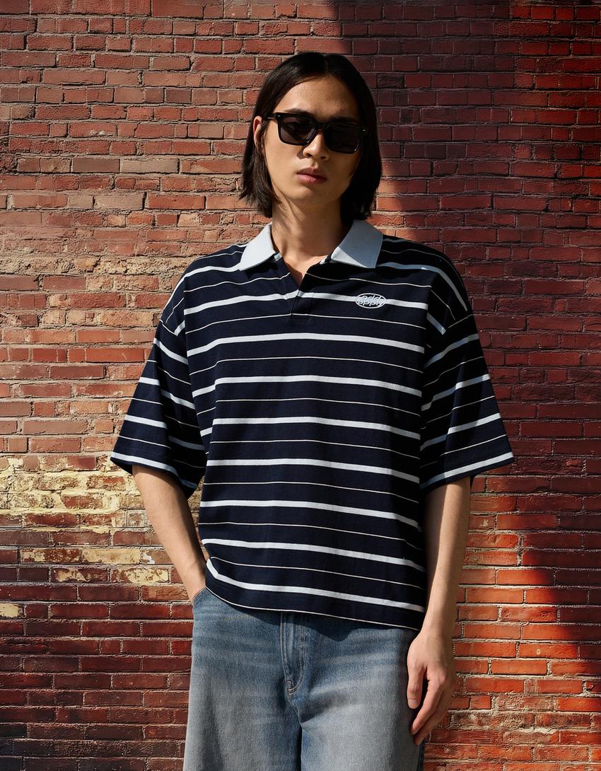 Embroidered stripe short sleeve polo shirt-Blue