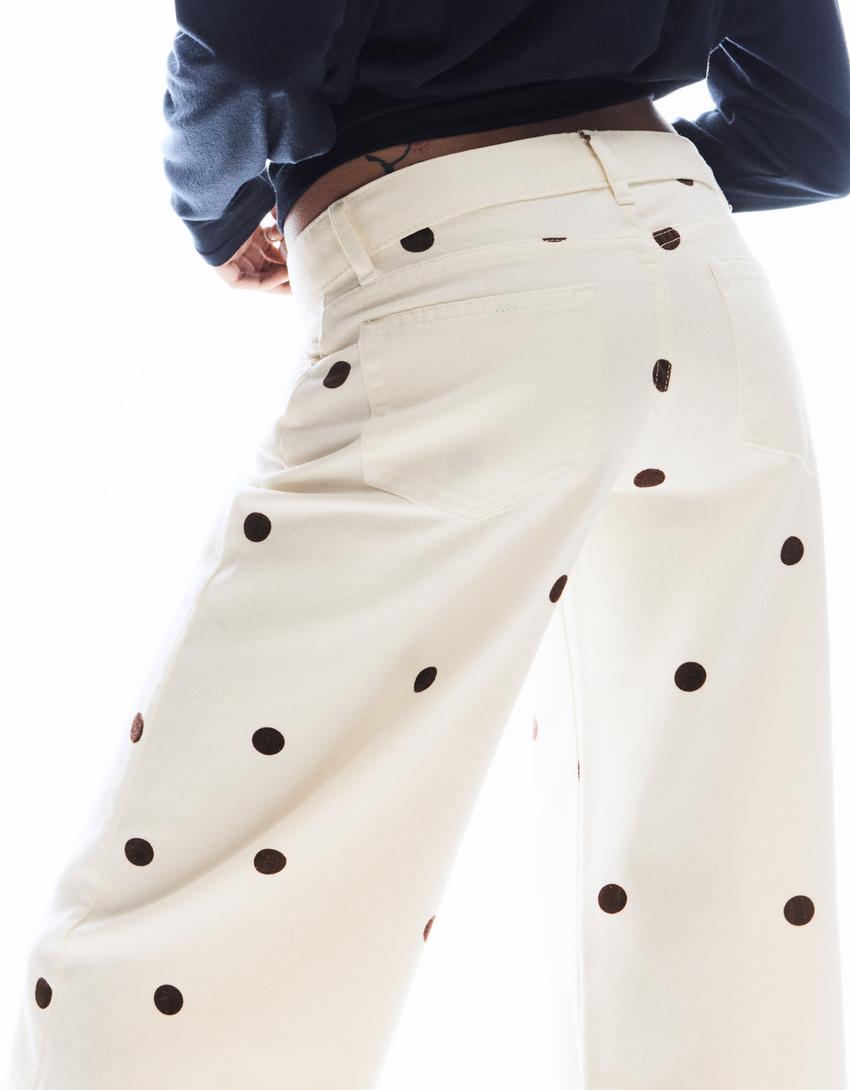 Jeans wide leg à pois-Écru