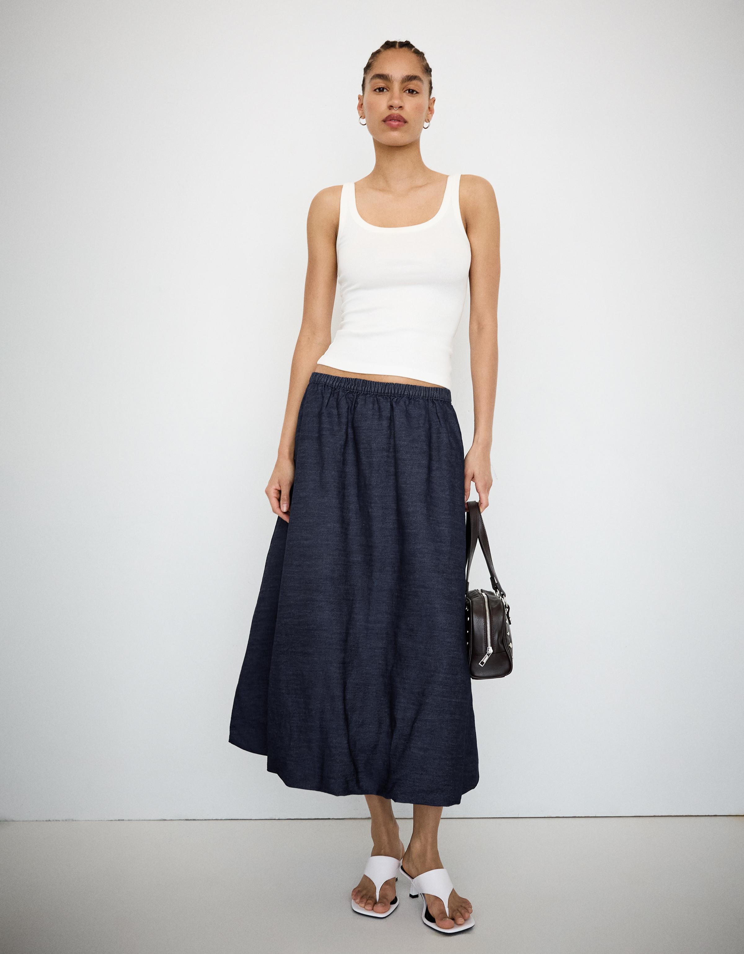 Denim balloon midi skirt — Navy