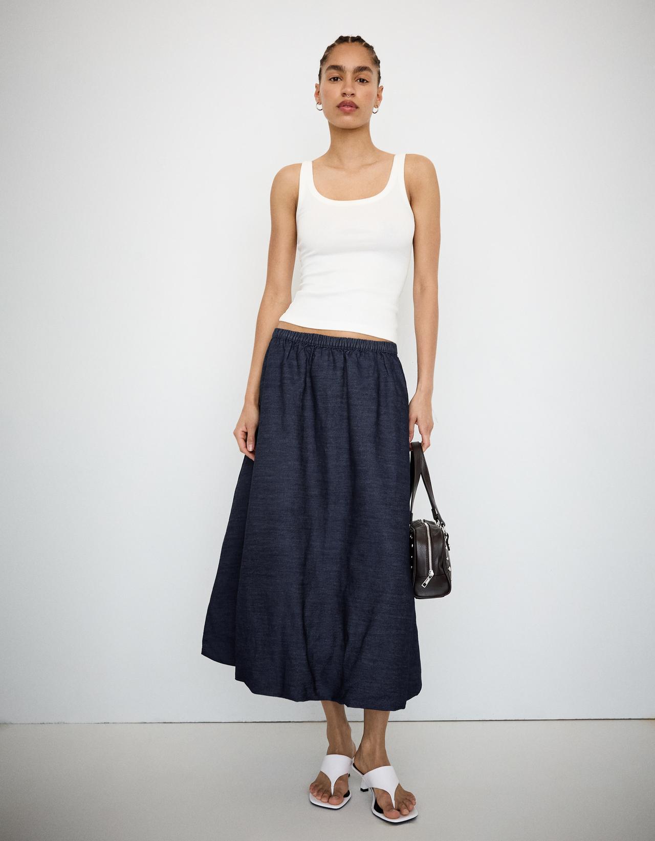 Denim balloon midi skirt — Navy