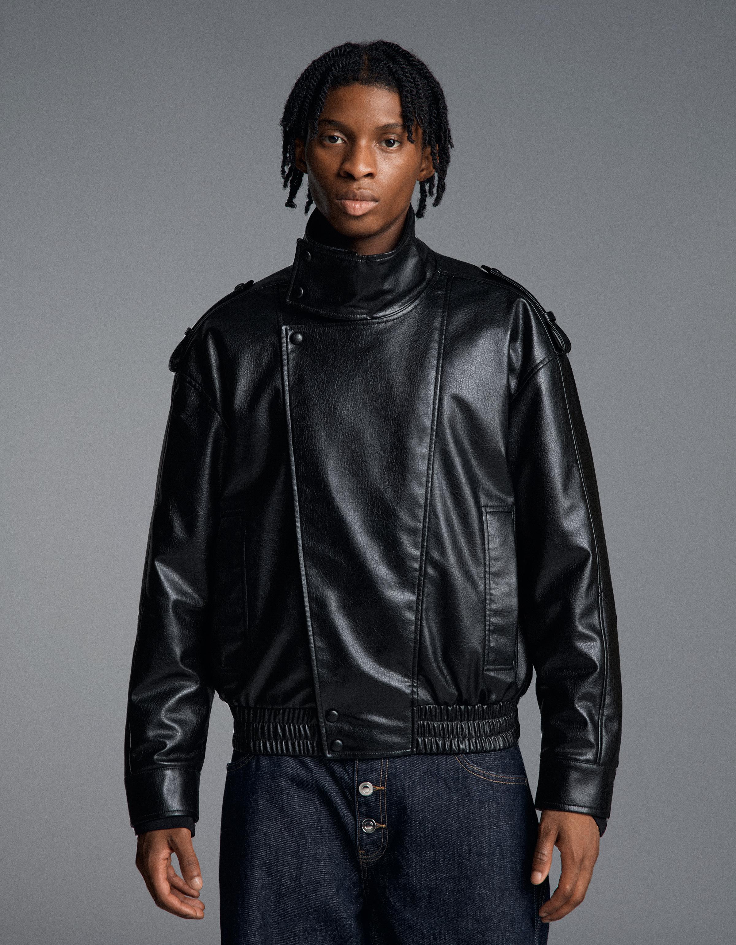 Bershka Cazadora Efecto Piel Hombre Negro