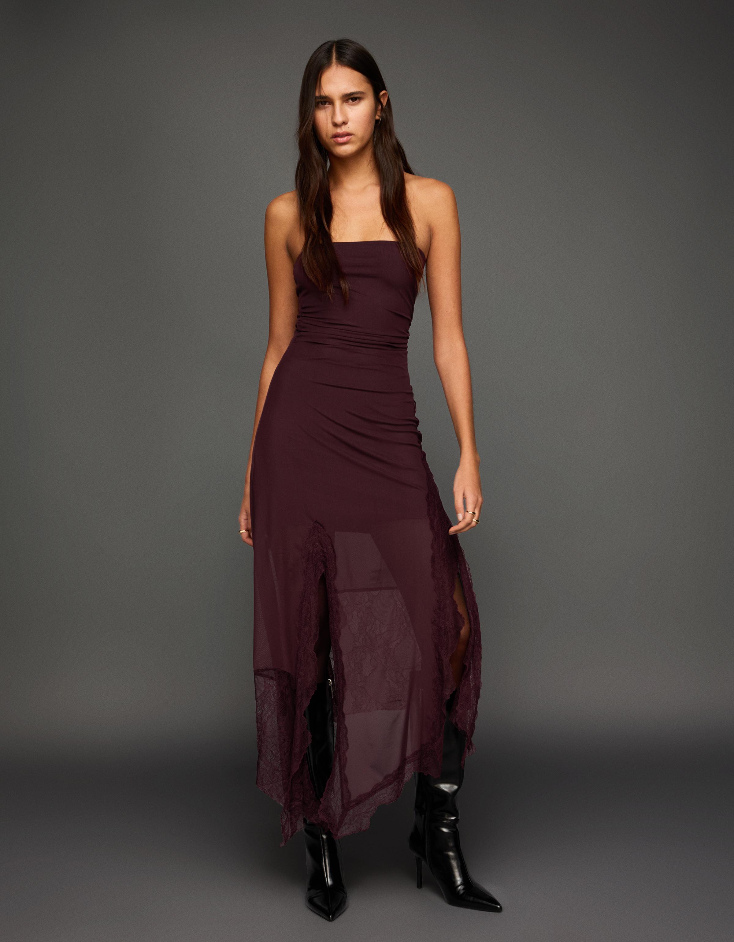 Bershka Asymmetrisches Bandeau-Midikleid Aus Tüllspitze Damen Xs Bordeaux