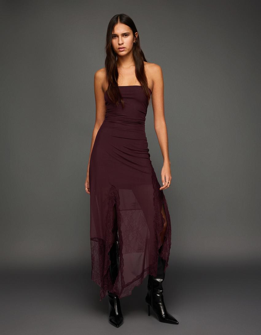 Asymmetric lace tulle bandeau midi dress - Dresses and jumpsuits - Women | Bershka Asymmetric lace tulle bandeau midi dress - Dresses and jumpsuits - Women | Bershka
