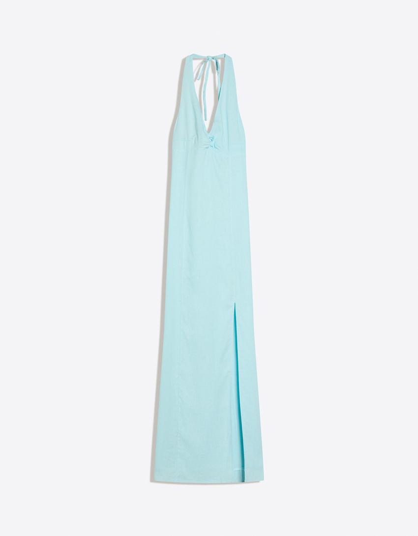 Halter midi dress with linen-Turquoise