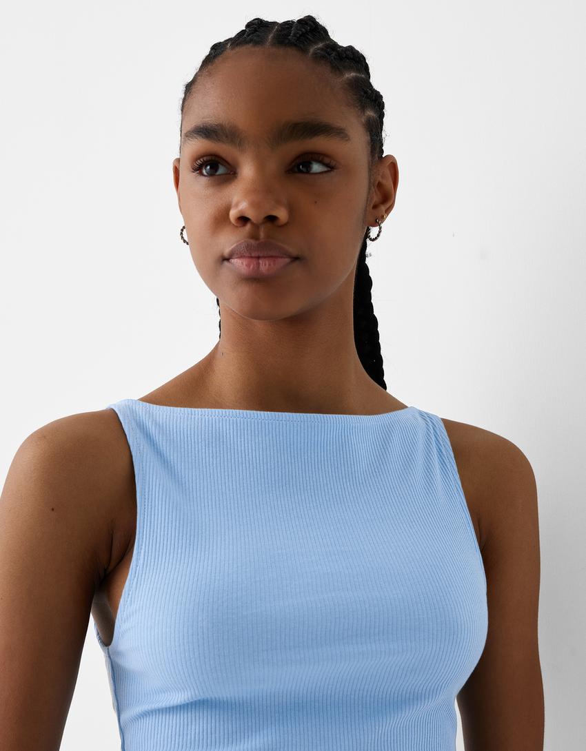 Sleeveless ribbed T-shirt-Light blue-5