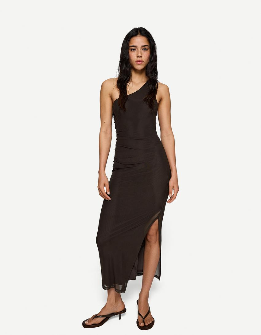 Robe midi en tulle asymétrique-Marron-0