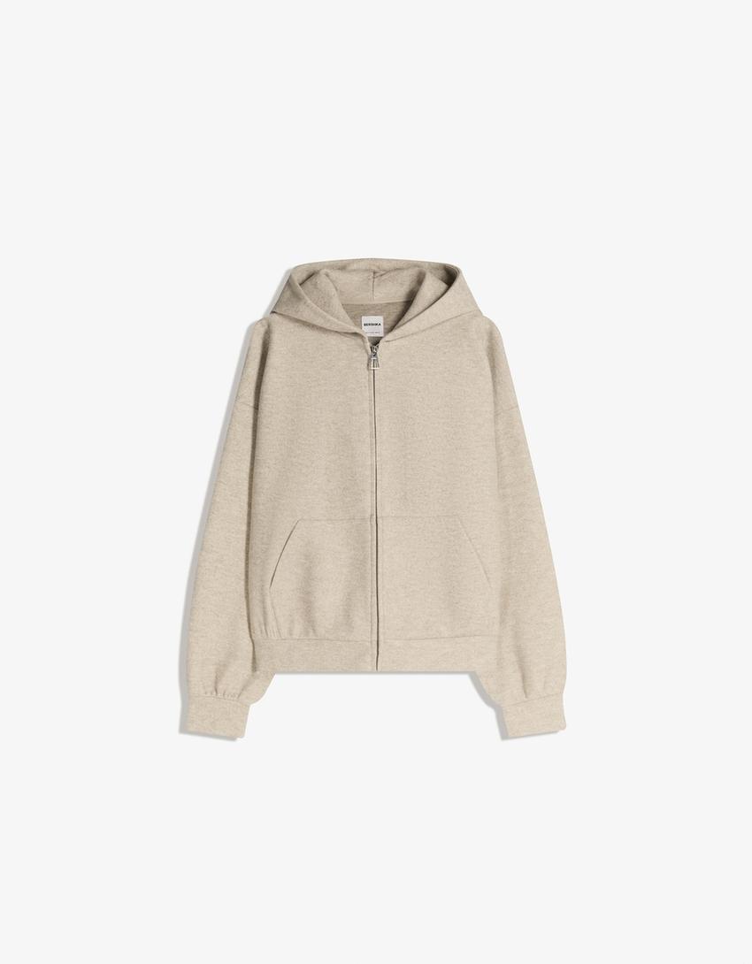 Felt texture zip-up hoodie-Sand