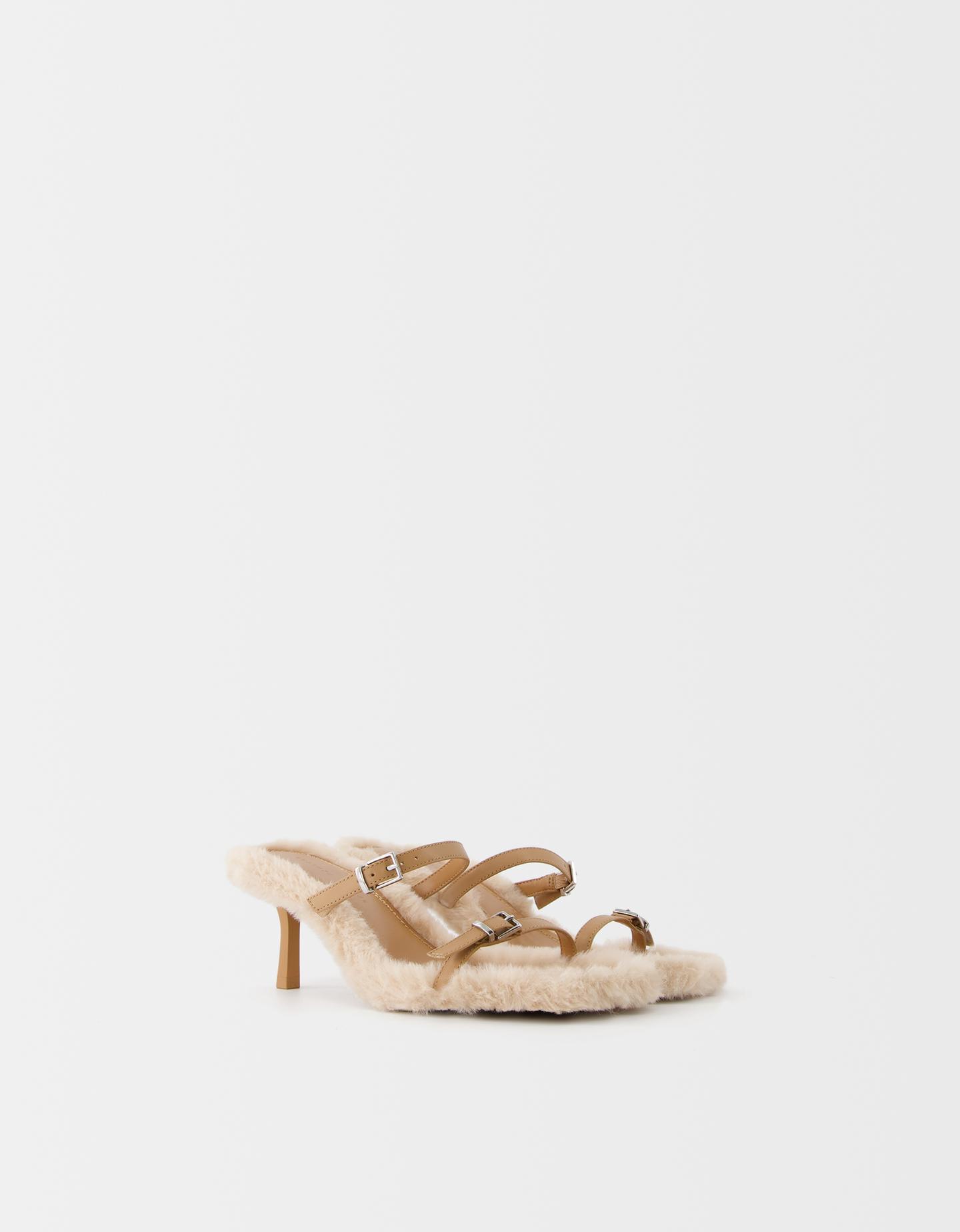 Bershka Sandales Talon Mules Fausse Fourrure Femme 35 Camel
