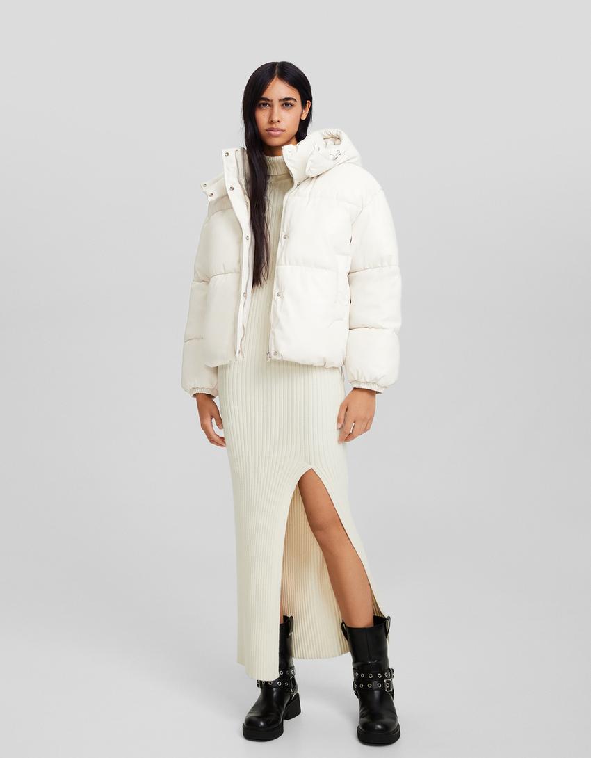 جاكيت منفوخ من جلد صناعي بغطاء رأس-كريمي-3