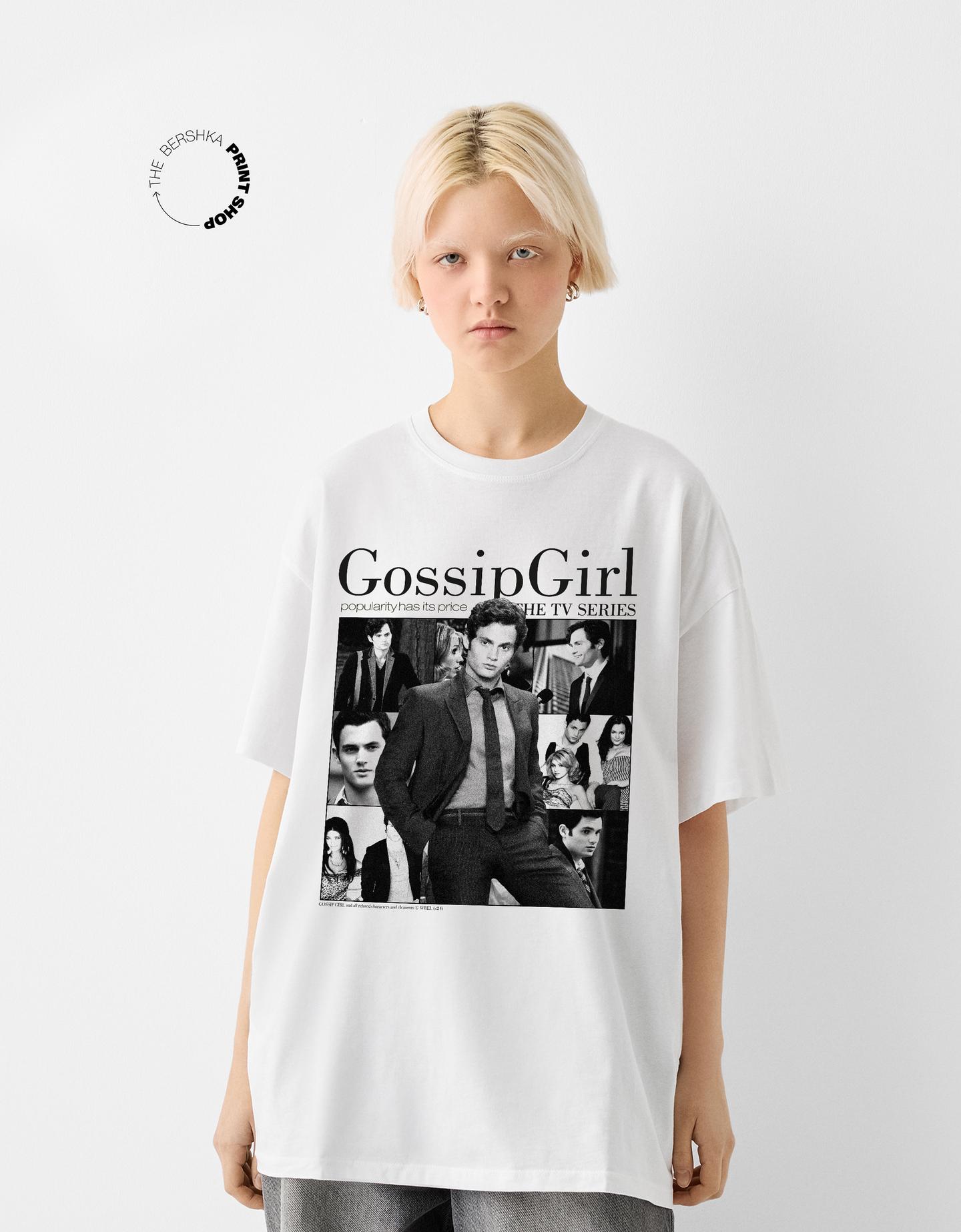 Bershka Maglietta Gossip Girl Maniche Corte Donna 10-12 Bianco Roto