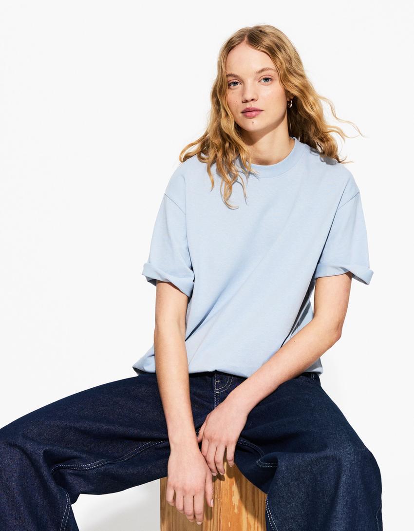 Oversize short sleeve heavy cotton T-shirt-Light blue