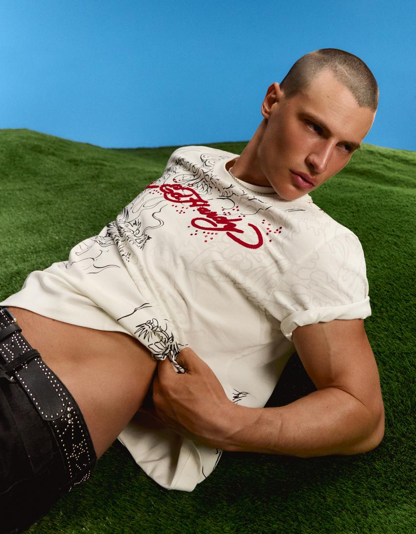 ED HARDY X BERSHKA print T-shirt-White