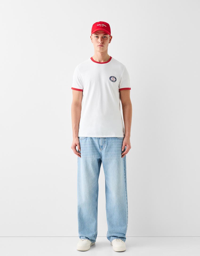 T-shirt manches courtes slim contraste rétro-Blanc cassé-3