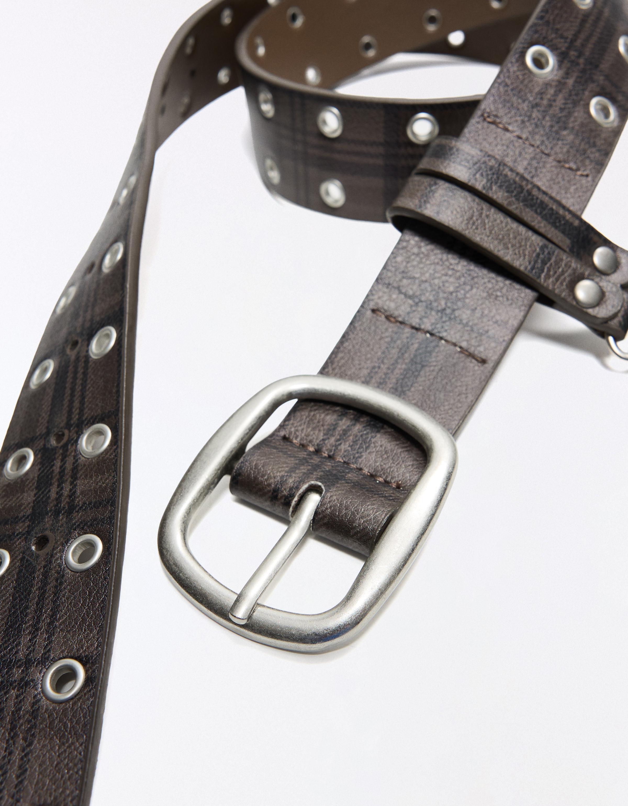 Studded check belt — Brown
