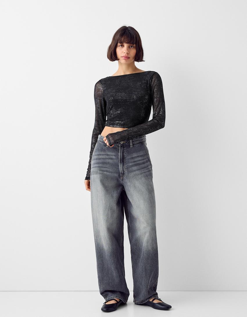 تيشرت ممعدن وأكمام طويلة وفتحة في الخلف-أسود-3