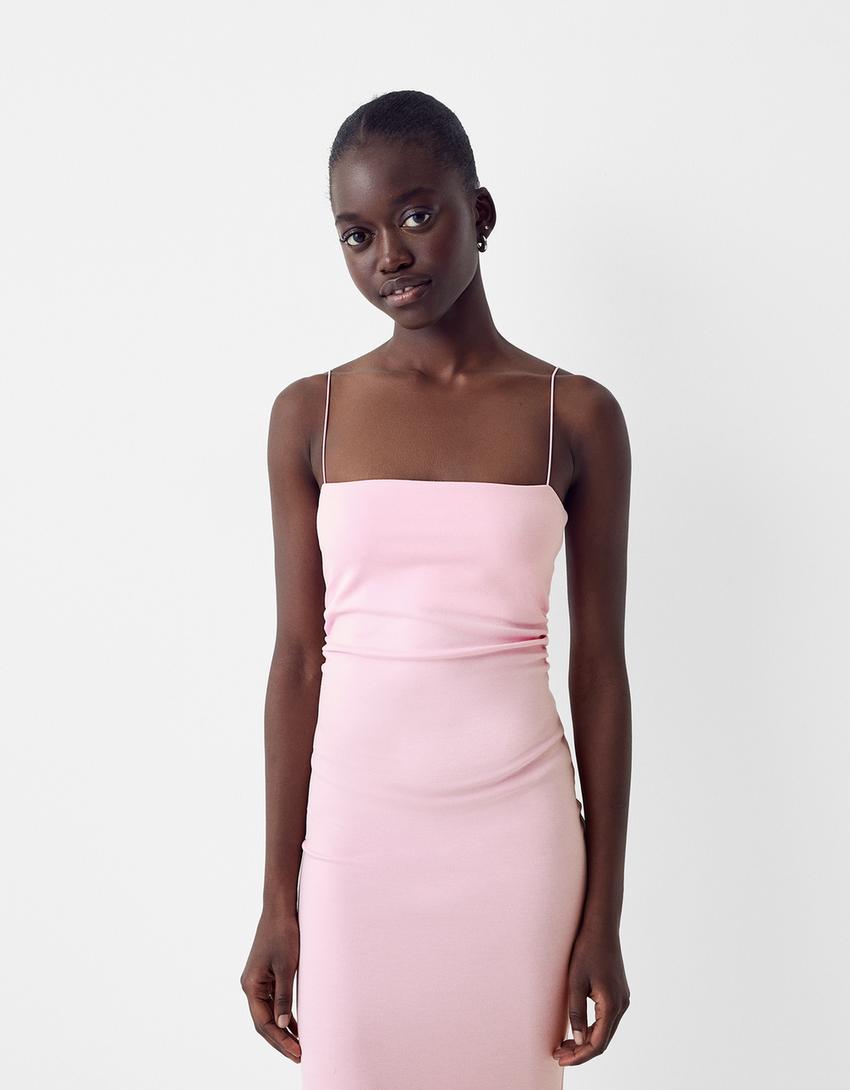 Robe midi bretelles maille milano-Rose-1