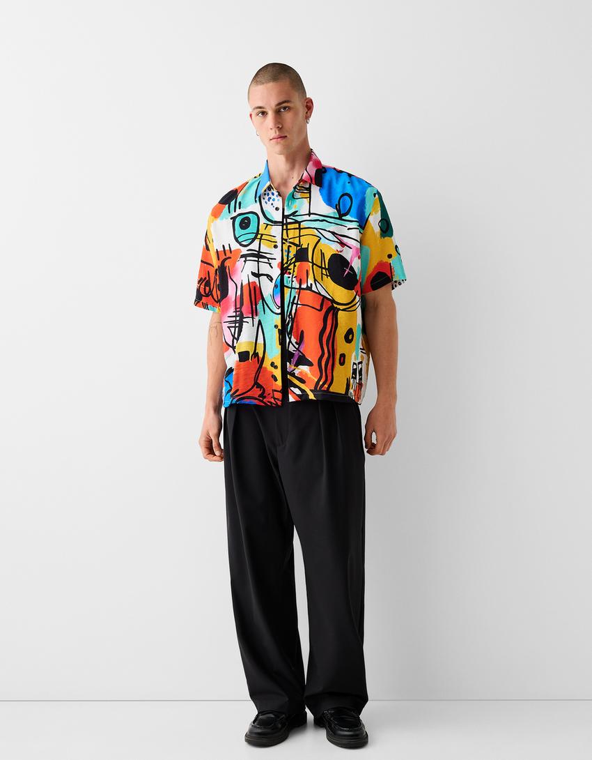 Chemise manches courtes loose fit imprimée-Bleu-3