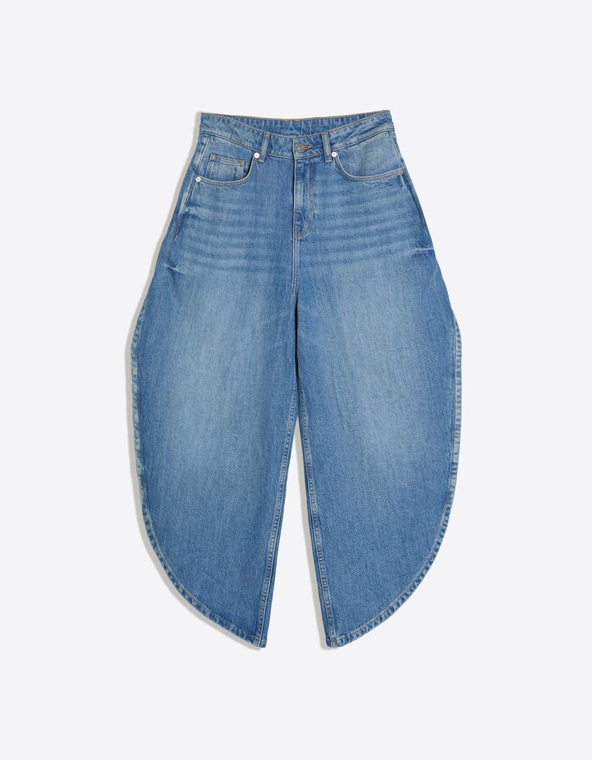 Wide-leg jeans with side slits-Light blue