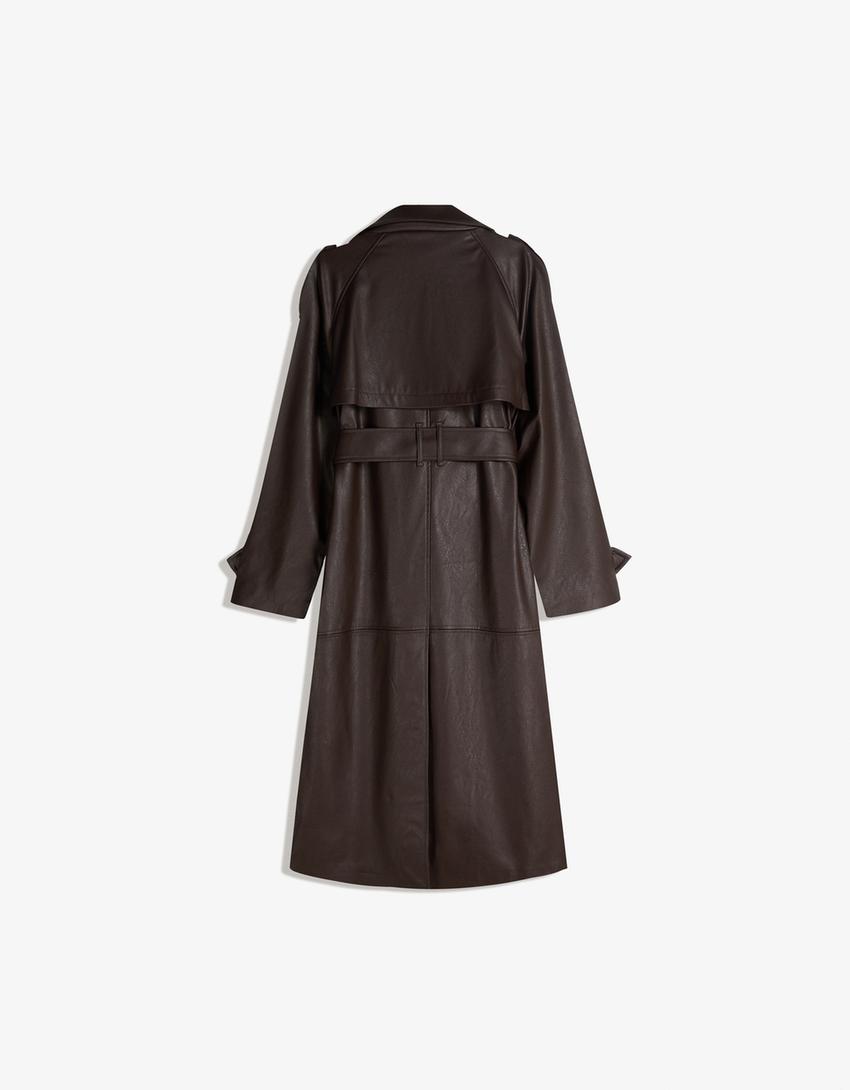 Faux leather trench coat-Brown