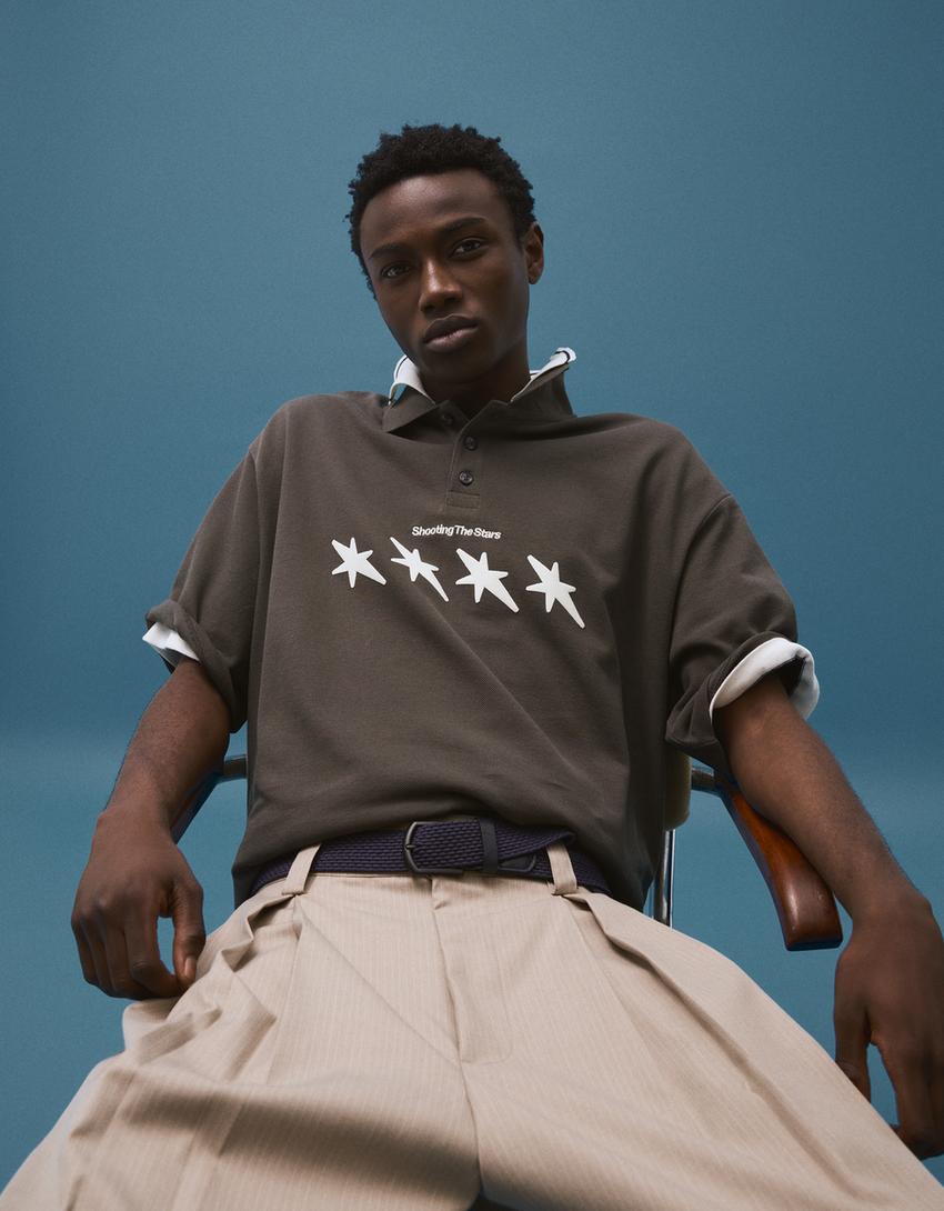 Boxy short sleeve print polo shirt-Grey