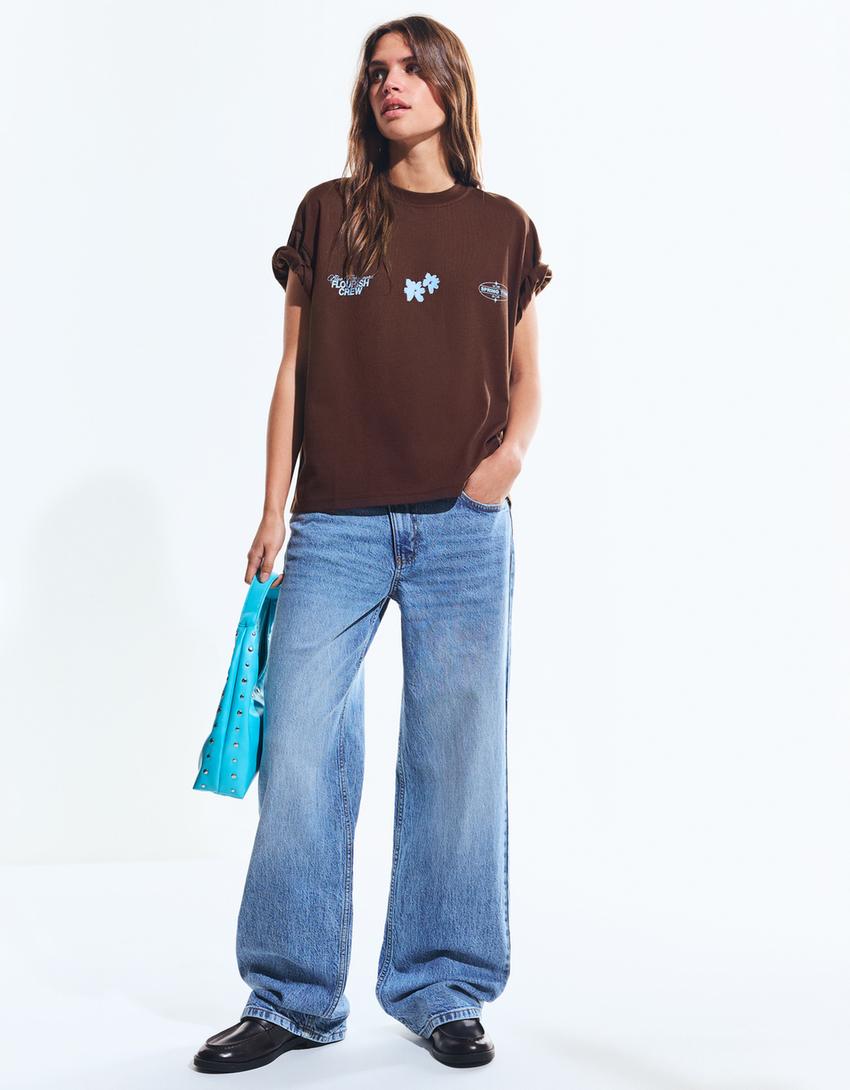 T-shirt manches courtes oversize imprimé-Marron