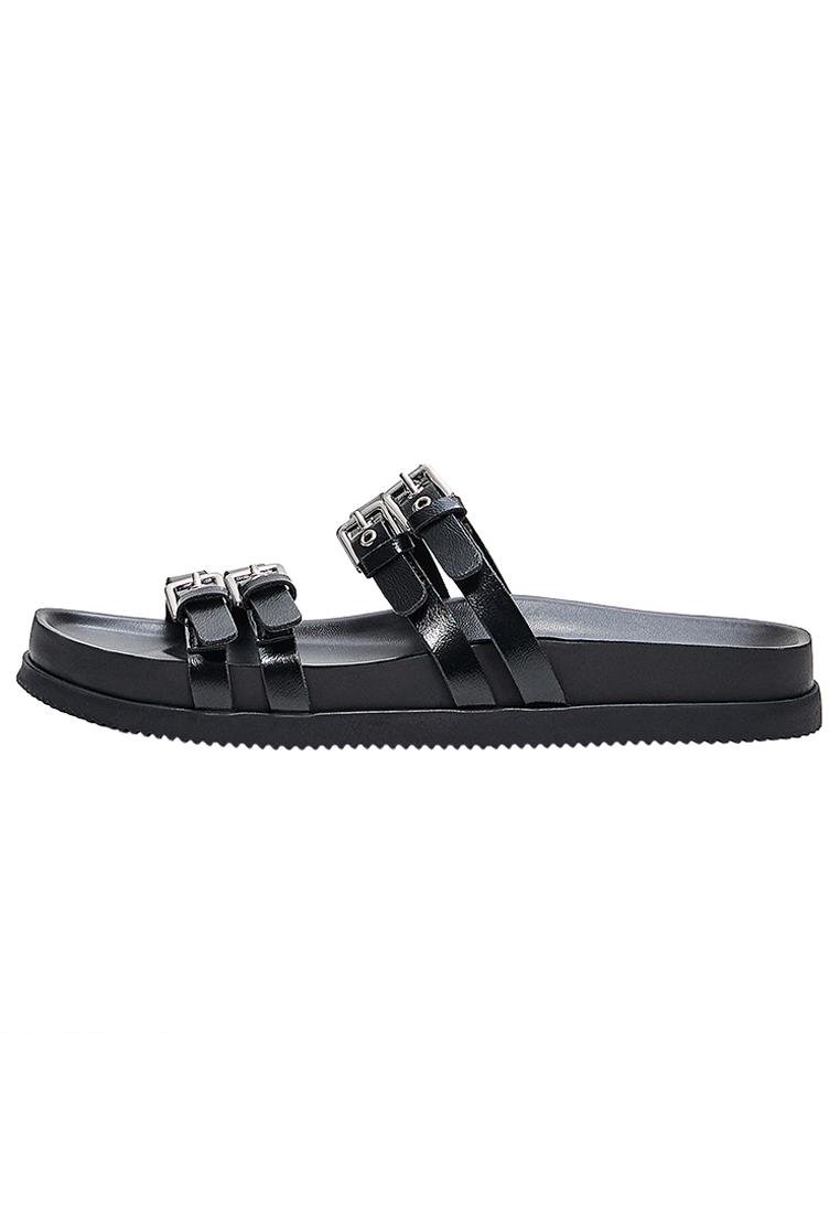Double buckle flat slider sandals — BLACK
