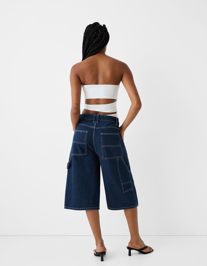 Calções bermuda denim baggy carpinteiro-Azul lavado-1