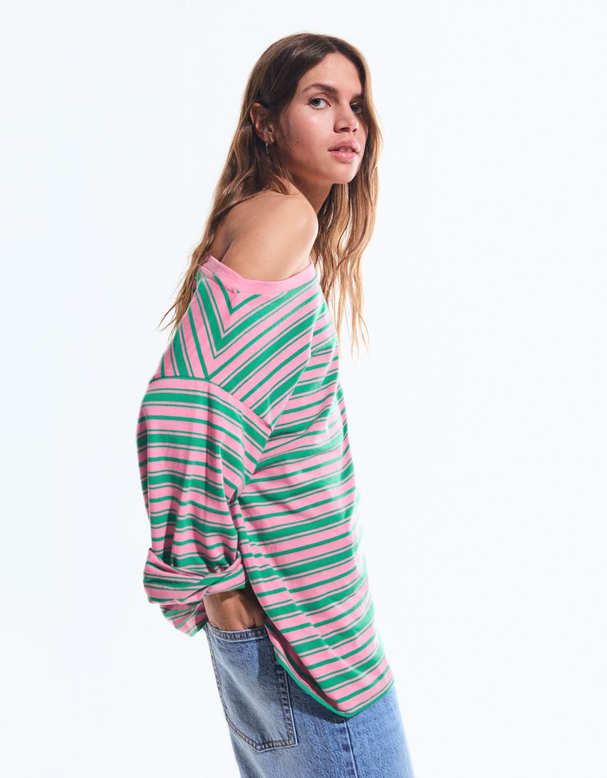 Asymmetric neck long sleeve print T-shirt-Pink