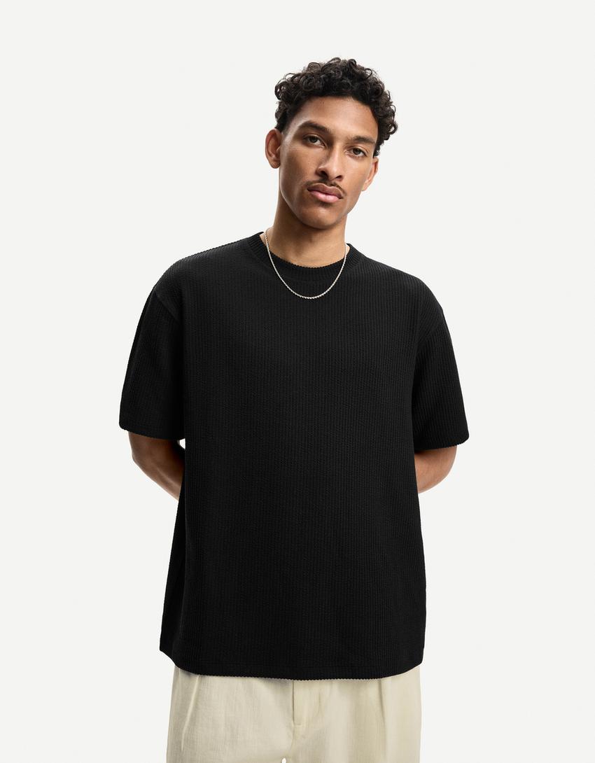Camiseta manga corta seersucker-Negro-0