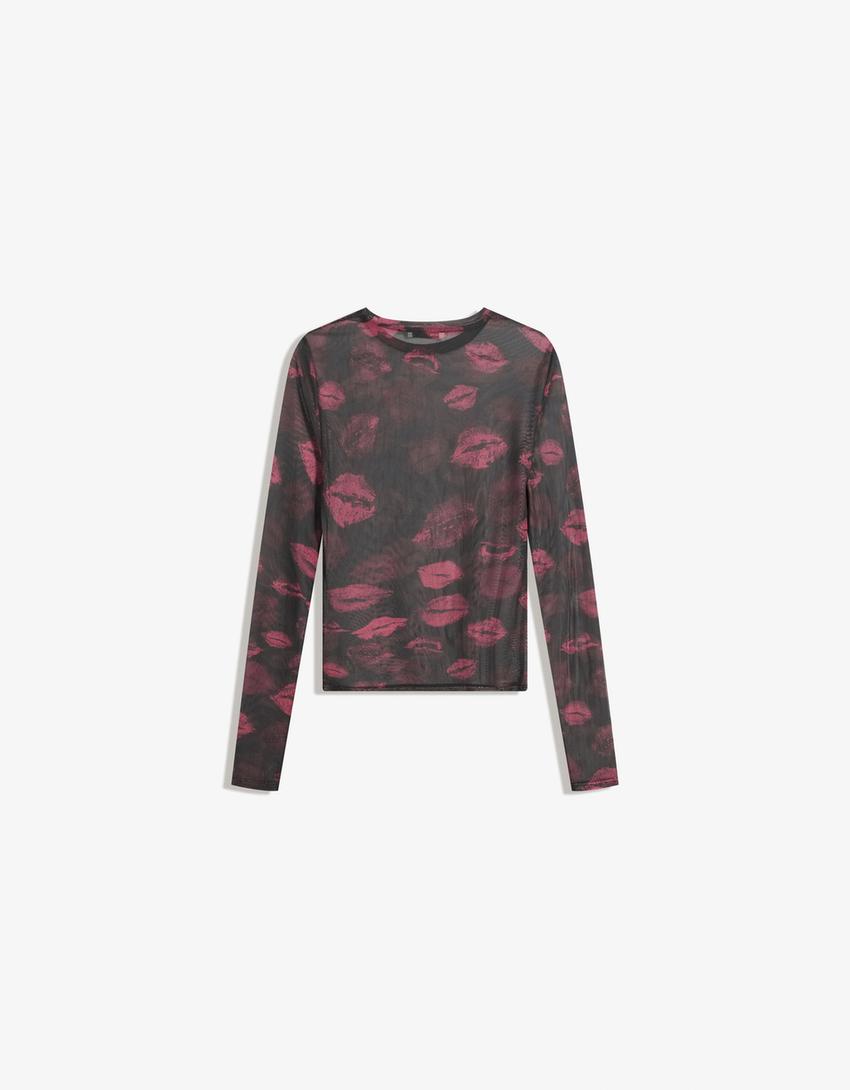 Long sleeve printed tulle T-shirt-Black