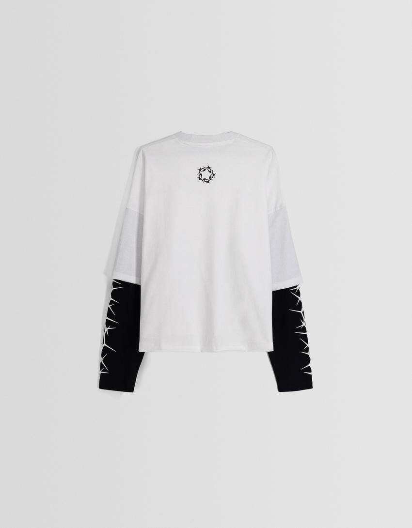 تيشرت قياس كبير بأكمام طويلة وطبعة-أبيض / أسود-5