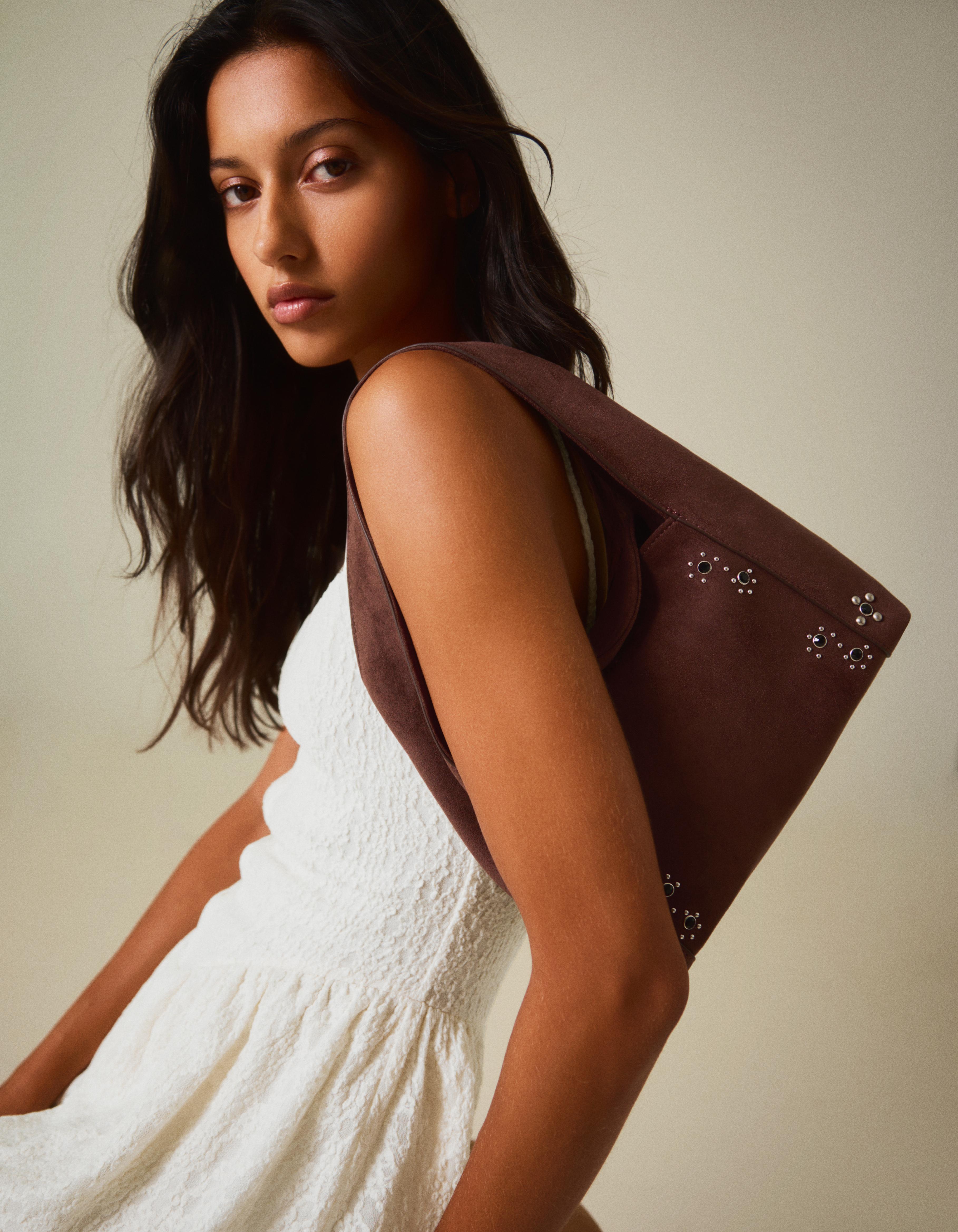 Faux suede bag with stones — Brown