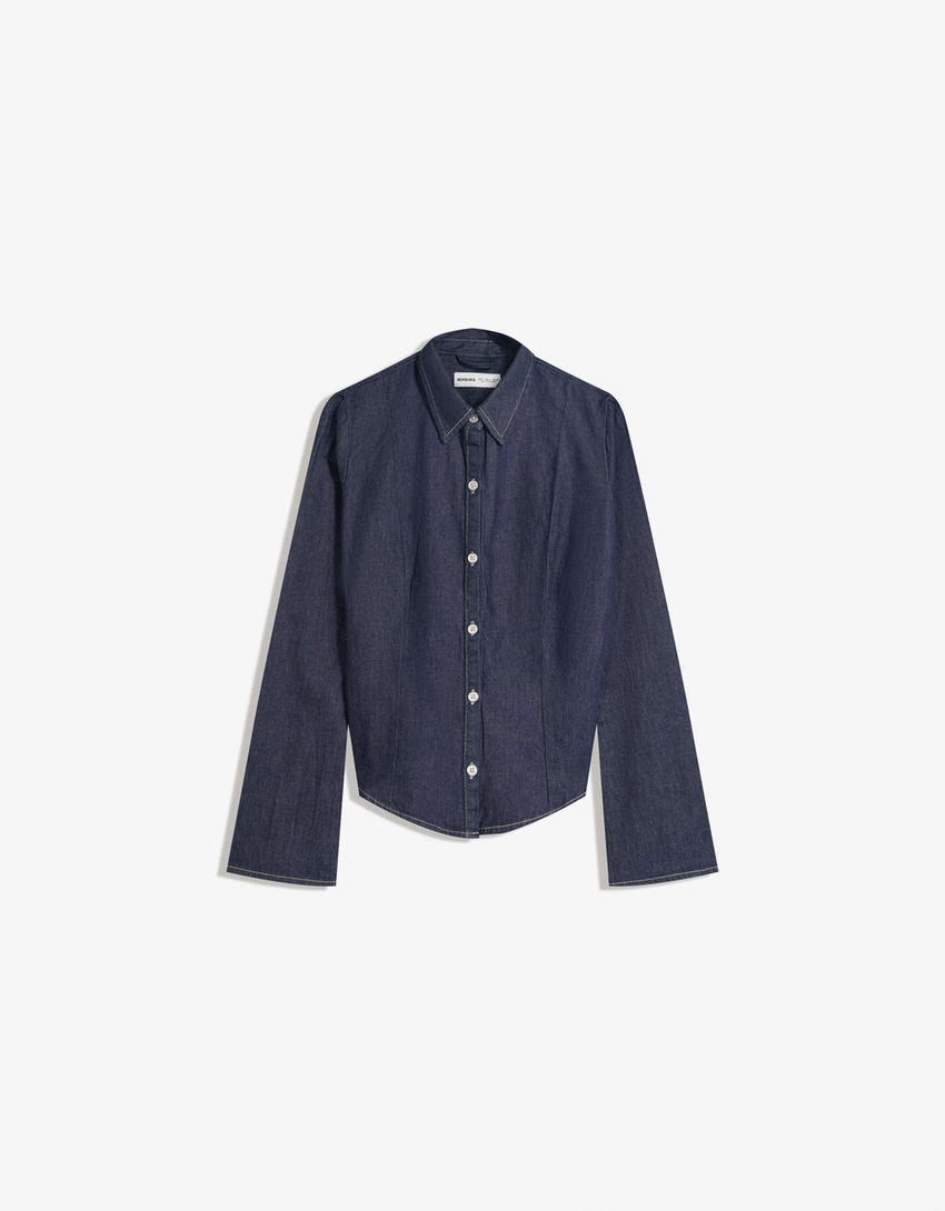 Kemeja denim lengan panjang-Navy