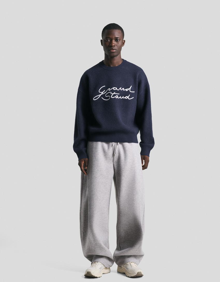 Embroidered jacquard sweater-Navy