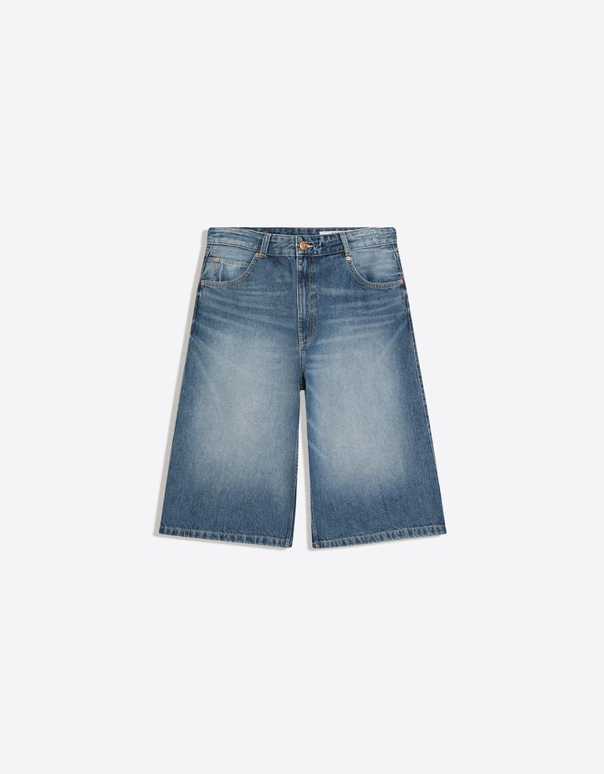 Bermuda en denim super baggy fit-Bleu lavé