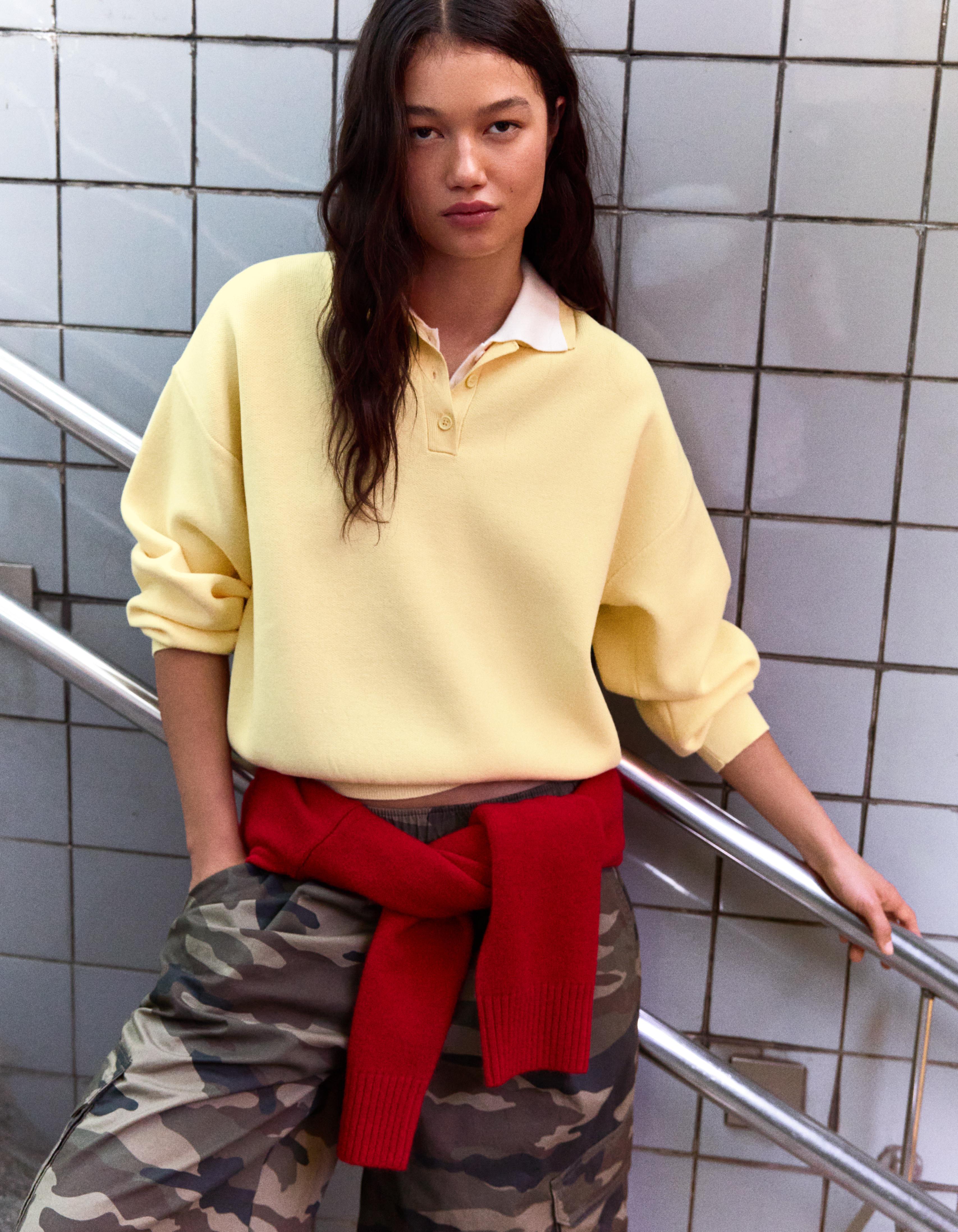 Bershka Jersey Cuello Polo Oversize Mujer L Amarillo