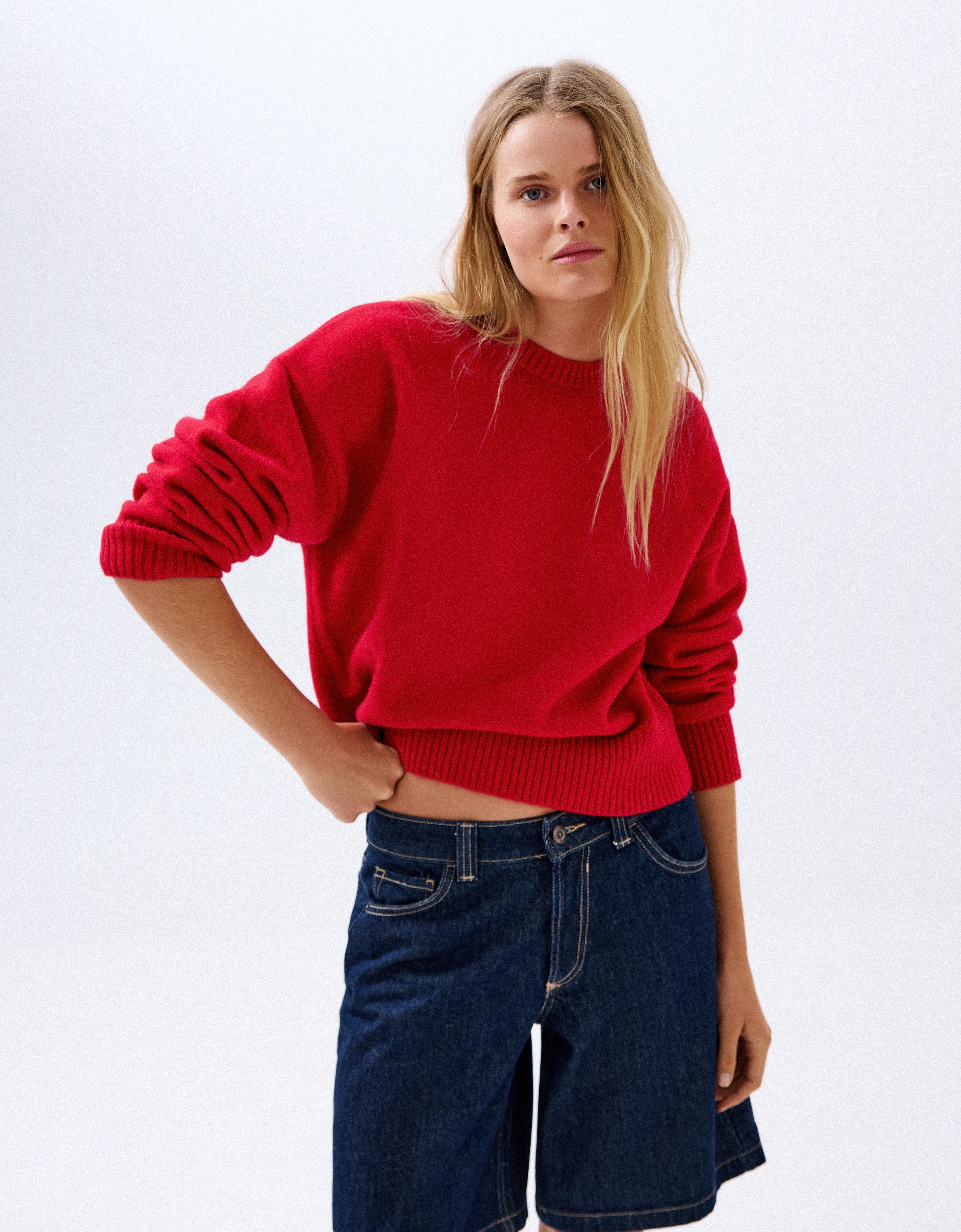 Bershka Jersey Cuello Redondo Mujer L Rojo