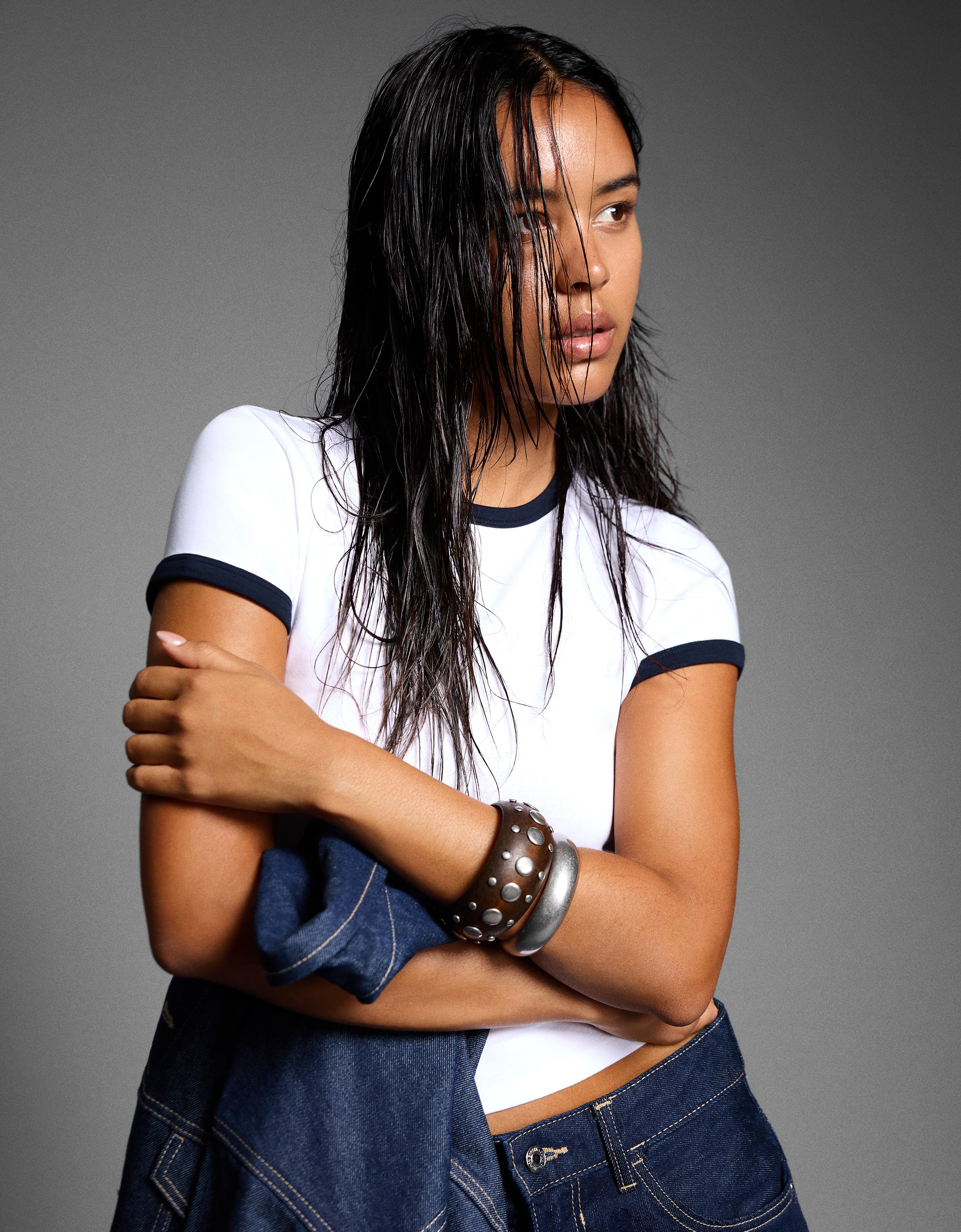 Bershka T-Shirt Mit Kurzen Ärmeln Und Kontrast Damen Xs Grbrochenes Weiss