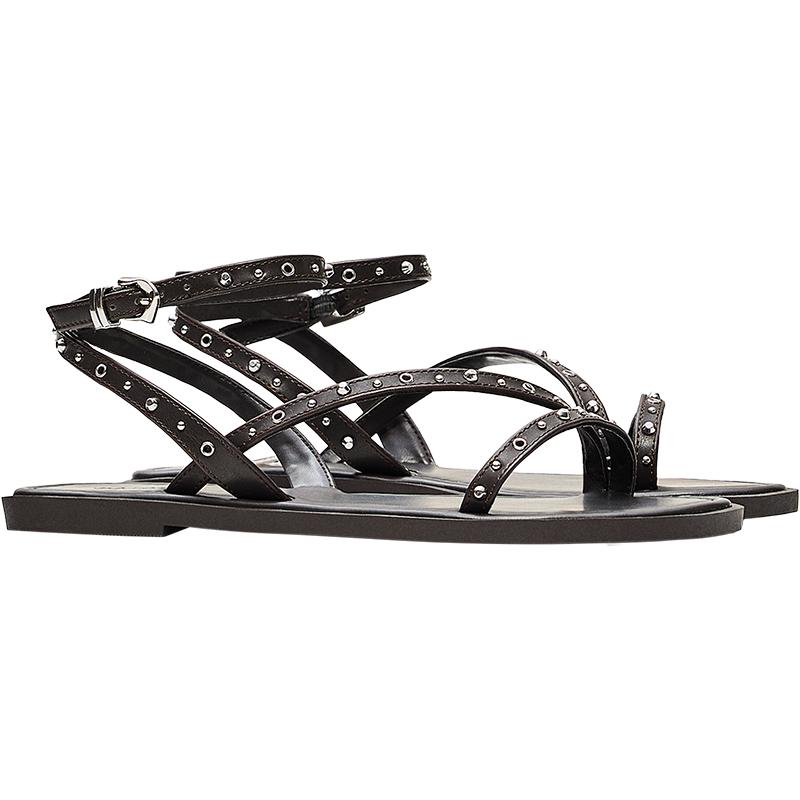 MULTISTRAP STUDDED FLAT SANDALS — Brown