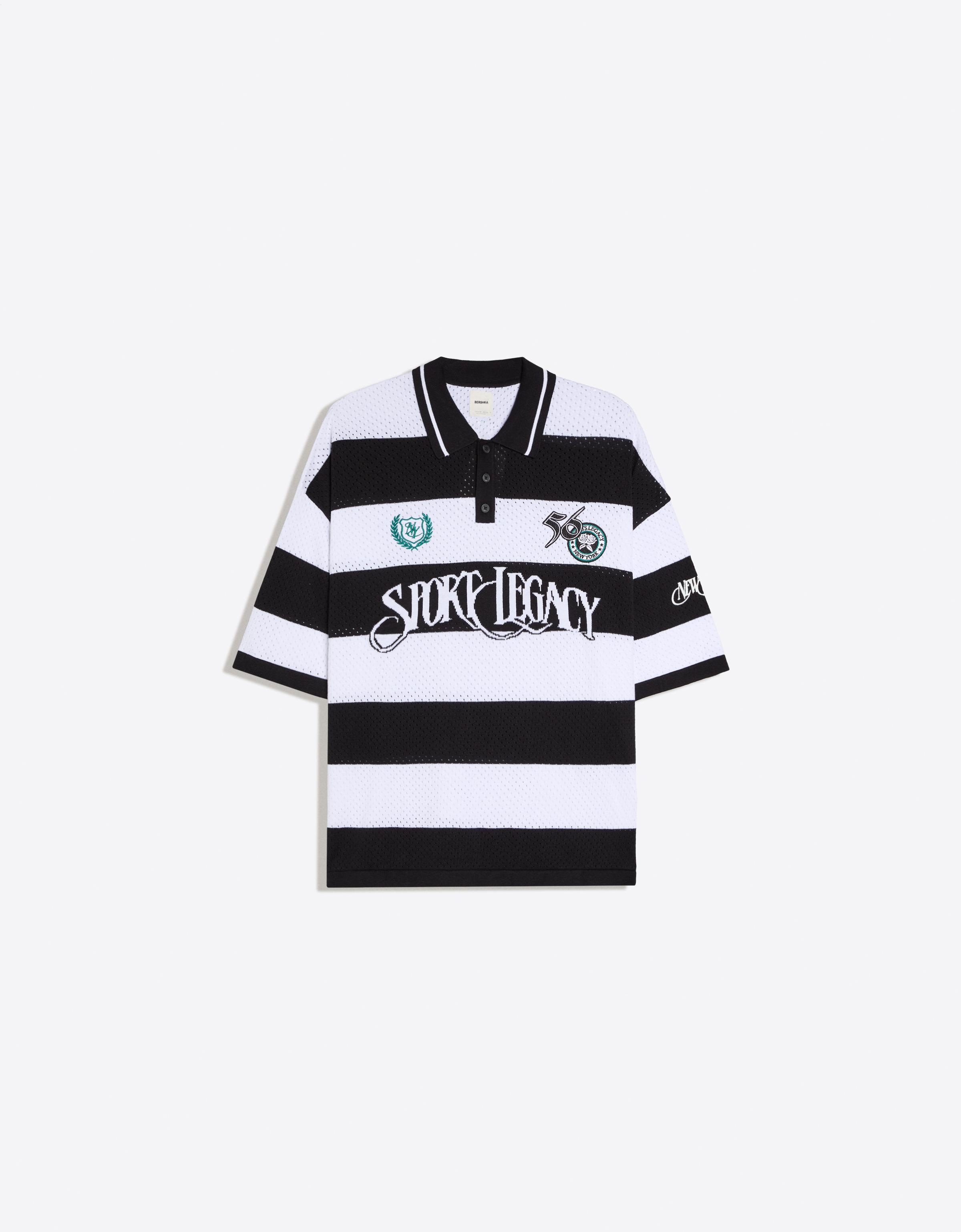 Bershka Polo Manga Corta Mesh Hombre Blanco / Negro