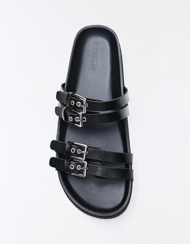 Double buckle flat slider sandals — BLACK 3