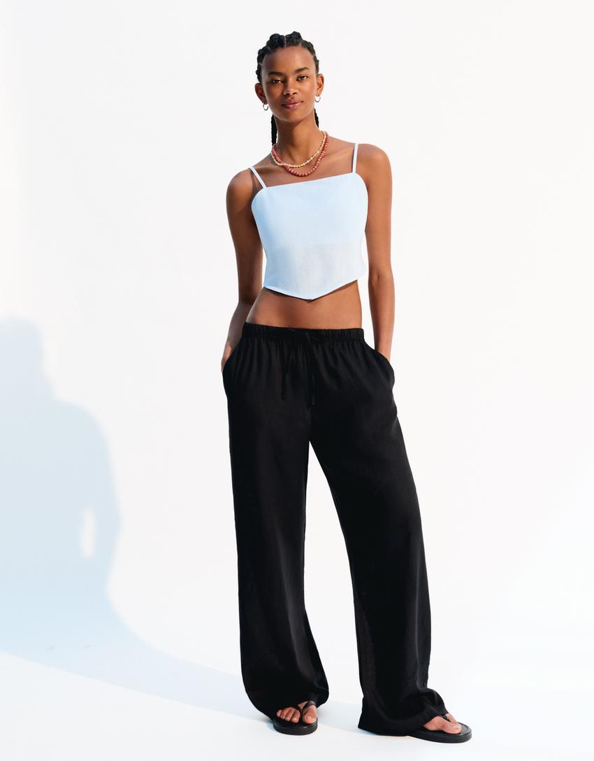 Pantalón con lino goma cintura-Negro-0