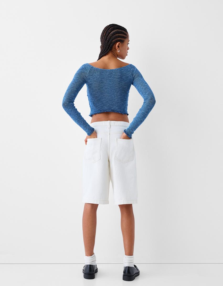 Pull manches longues col en V froncé-Bleu-1